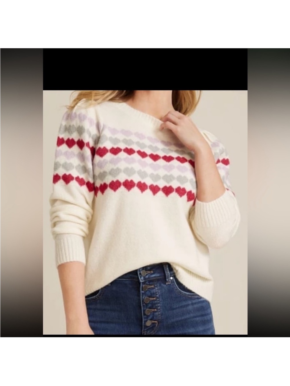 Maurices Cream Crewneck Sweater with Red & Gray Heart Rows